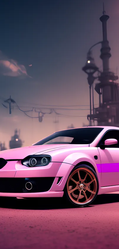 Sleek pink car in front of industrial skyline.