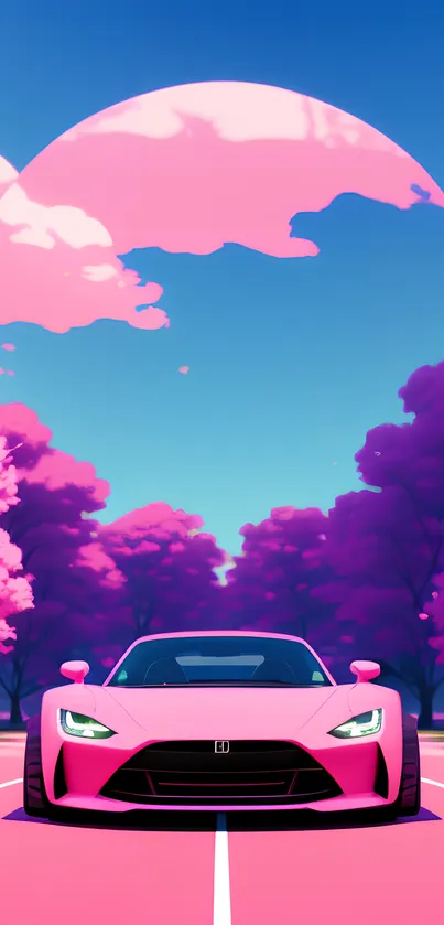 Sleek pink car on a road with purple sky and cherry blossoms.