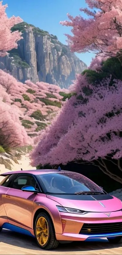 Pink car parked among cherry blossoms with mountain backdrop.