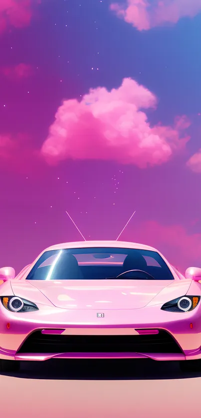 Pink car under vibrant sunset sky wallpaper.