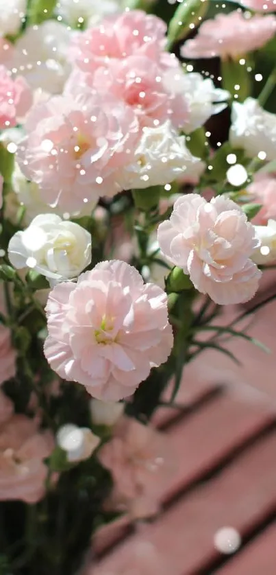 Bouquet of pink carnations on a wooden table in sunlight.