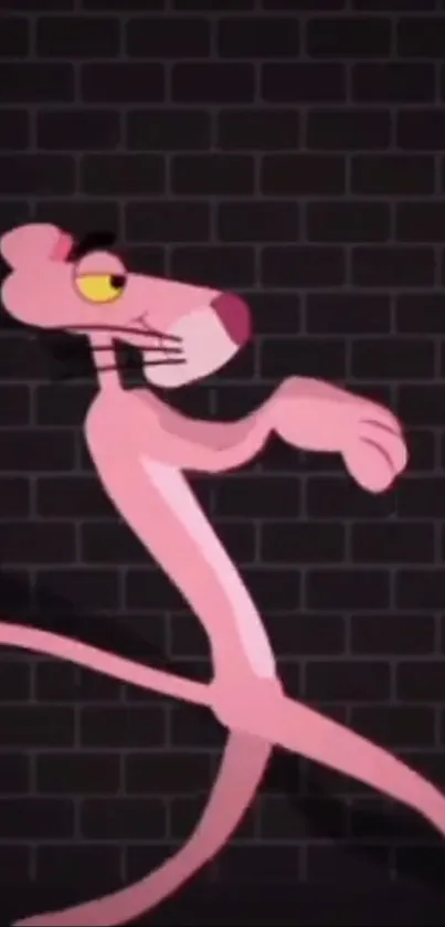 Pink panther cartoon on a black brick wall.