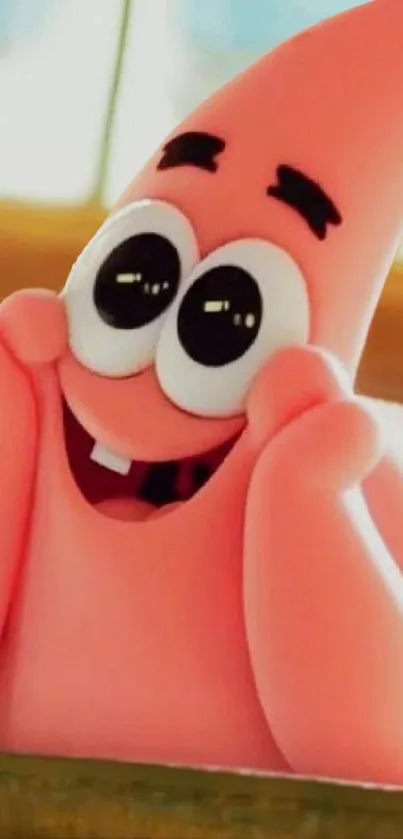 Happy pink cartoon character with big smile and eyes, perfect for phone wallpaper.