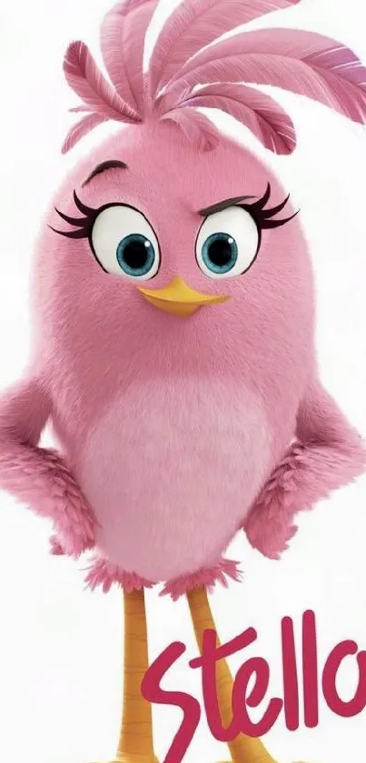 Cartoon pink bird character with playful expression.