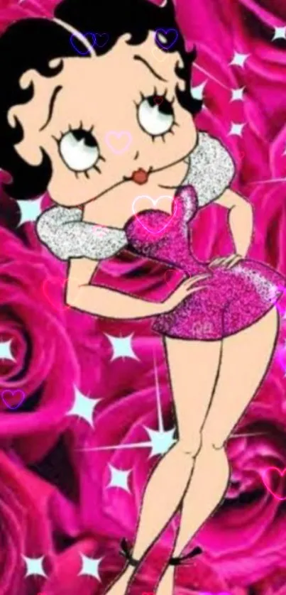 Cartoon character in pink dress with rose background.