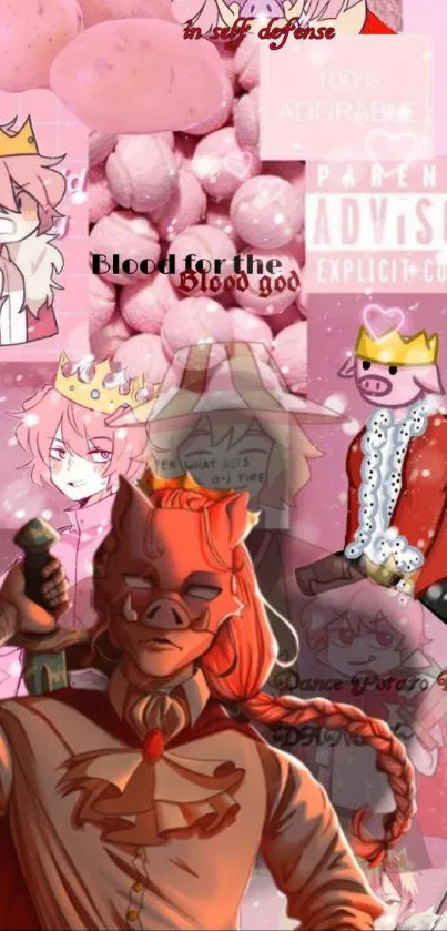 Pink-themed cartoon wallpaper with characters wearing crowns.