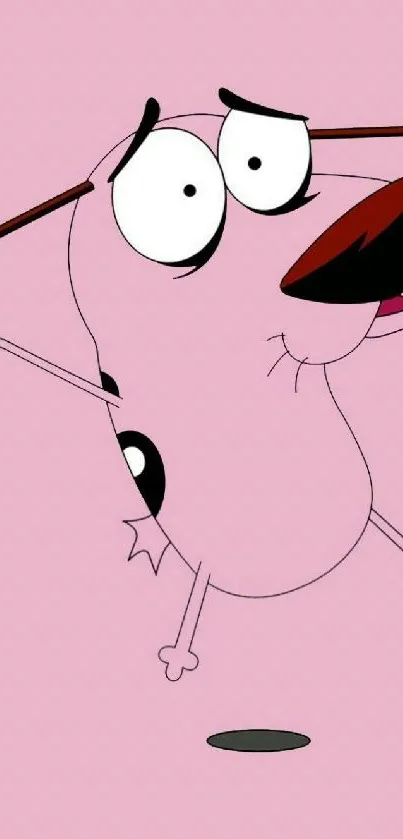 Whimsical pink cartoon dog with comical expression.