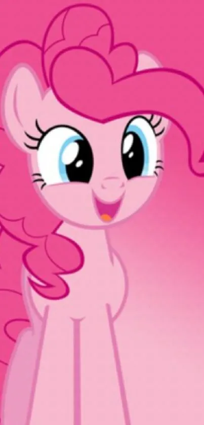 Pink cartoon pony with a cheerful expression on a vibrant background.