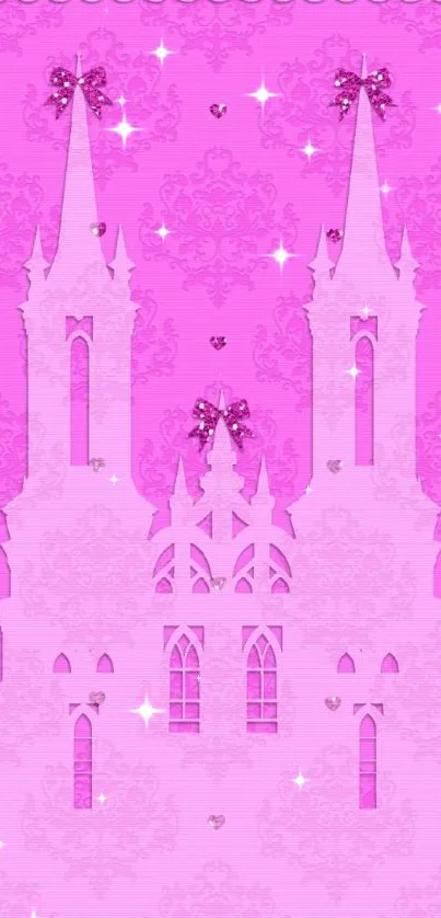 Pink castle wallpaper with bows and patterns.