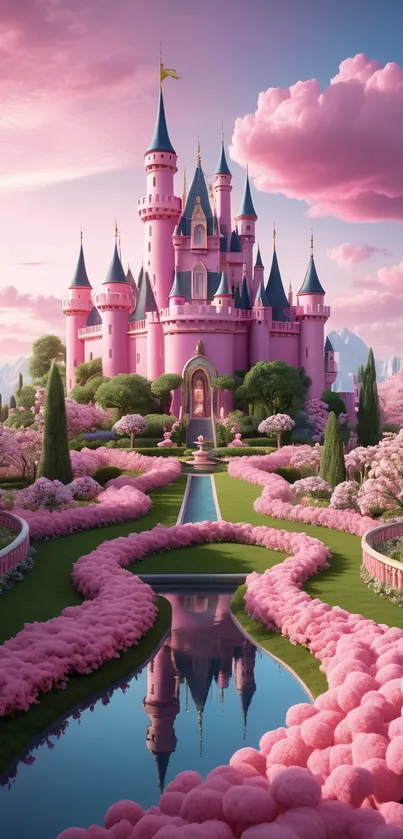 Enchanting pink castle with lush gardens in a fantasy setting.