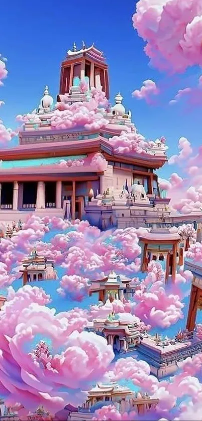 Pink castle floating in dreamy clouds under a vivid blue sky.