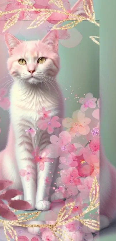 Pink cat surrounded by floral design.