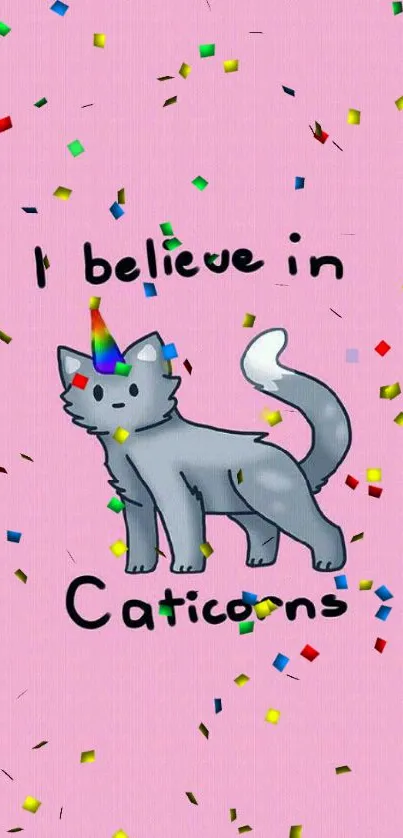 Cute caticorn with rainbow horn on pink background mobile wallpaper.