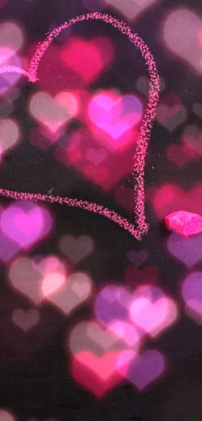 Pink chalk heart drawn on black background.