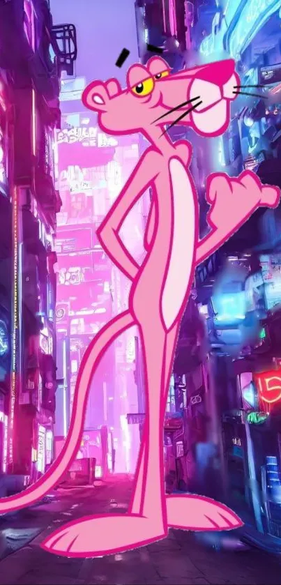 Pink animated character in neon cityscape, perfect for phone wallpaper.