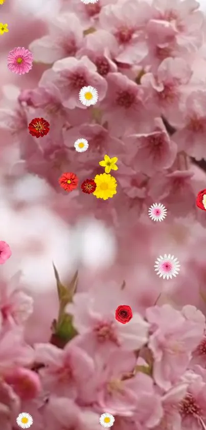 Pink cherry blossoms with colorful flowers.