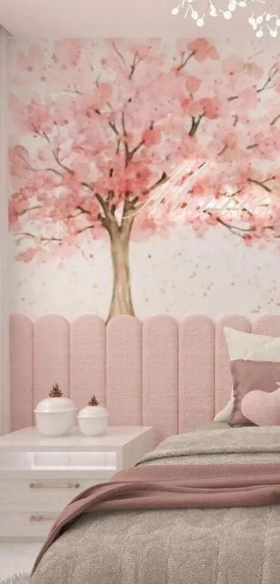 Elegant bedroom wallpaper with pastel pink cherry blossoms and soft decor.