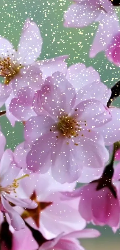 Pink cherry blossoms with a soft green background and delicate white speckles.