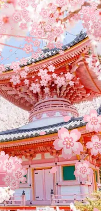 Pink temple with cherry blossoms and a clear sky background.