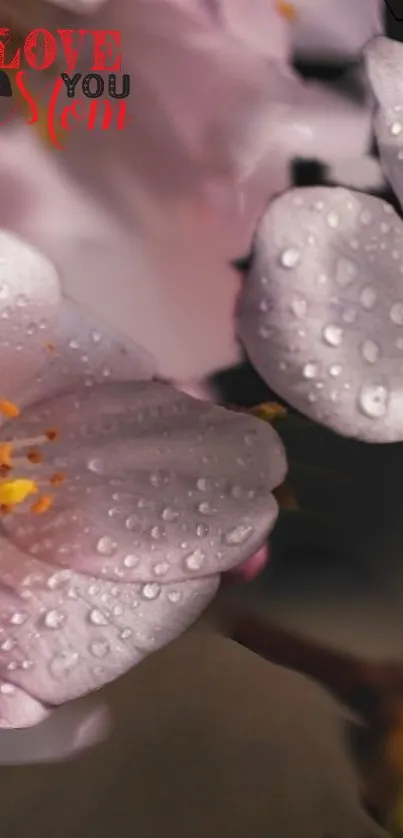 Elegant cherry blossom with dewdrops on petals, perfect for mobile wallpaper.
