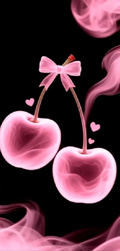 Pink glowing cherries with hearts and smoke.