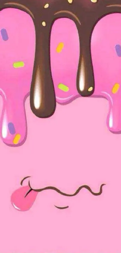 Pink phone wallpaper with chocolate drips and colorful sprinkles.