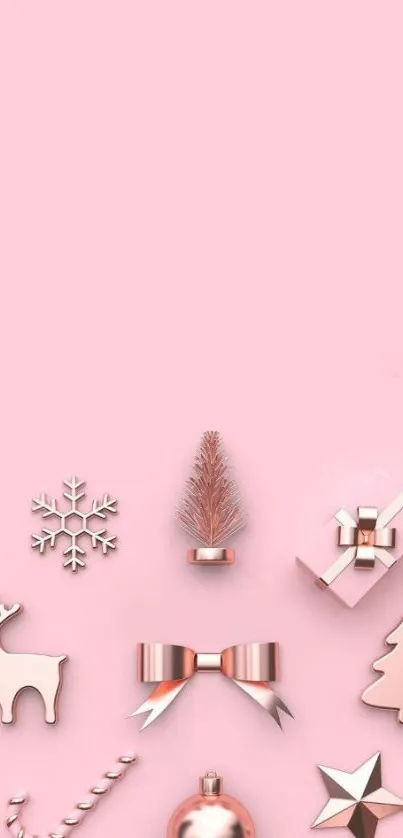 Pink Christmas wallpaper with festive decorations.