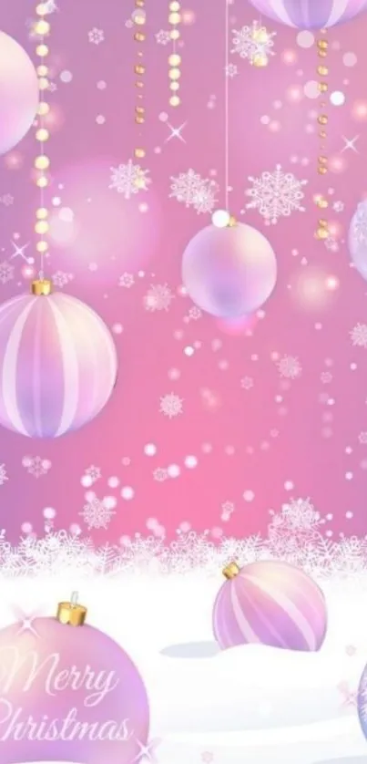 Pink Christmas wallpaper with ornaments and snowflakes.