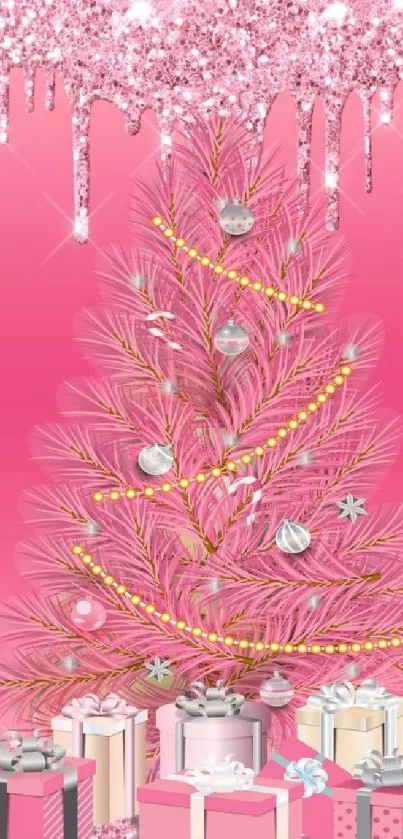 Pink Christmas tree with gifts and decorations in glittery background.