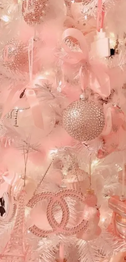 Charming pink Christmas tree with elegant ornaments.