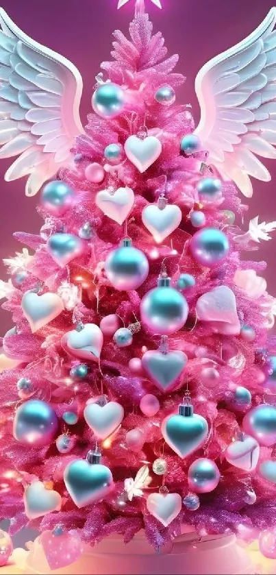 Pink Christmas tree adorned with wings and heart ornaments.