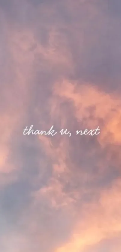 Inspirational pink cloud wallpaper with 'thank u, next' text.