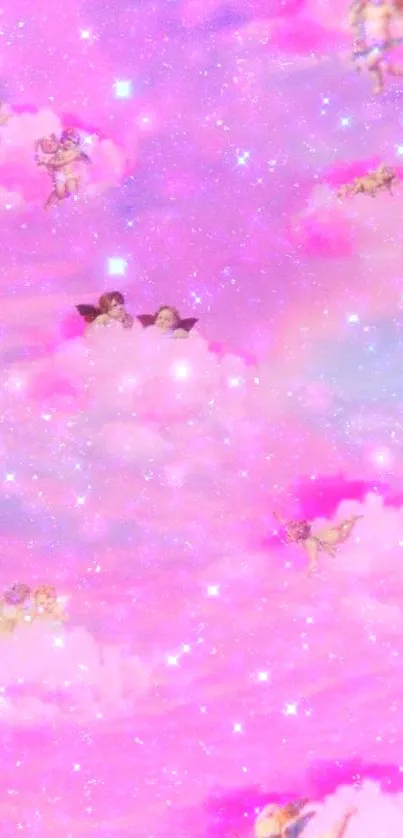 Dreamy pink cloud wallpaper with angels and stars.