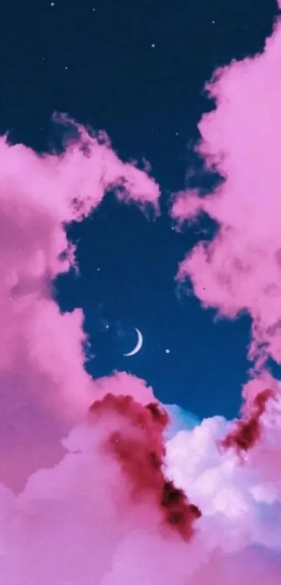 Pink clouds and crescent moon in a blue night sky wallpaper.