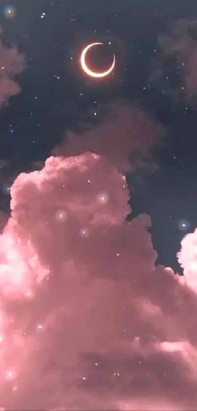 Pink clouds and crescent moon in night sky wallpaper.