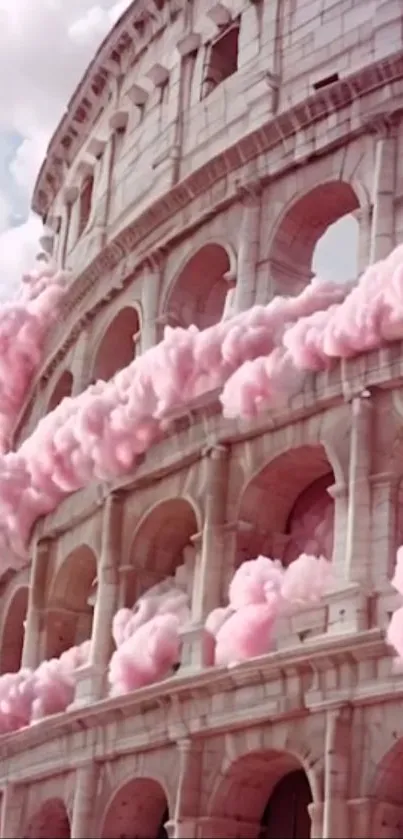 Colosseum adorned with whimsical pink clouds.