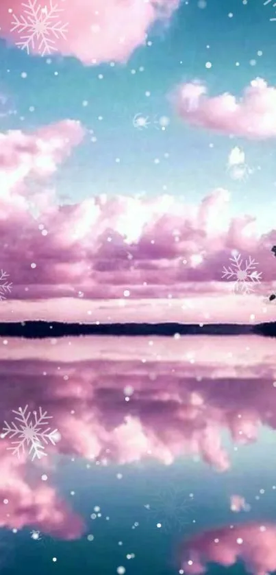 Dreamy pink clouds reflecting on tranquil water with snowflakes.