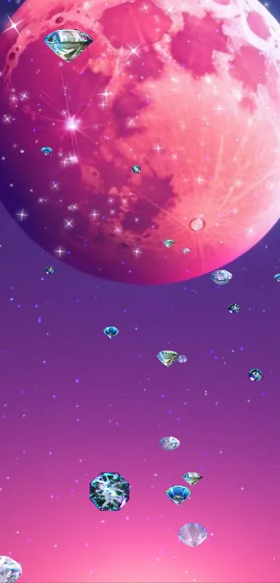 Pink moon and diamonds with stars in cosmic wallpaper