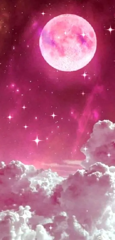 Pink cosmic night wallpaper with moon and clouds.