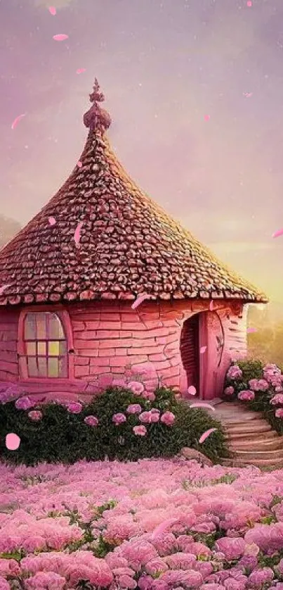 Charming pink cottage with flowers and whimsical sky.