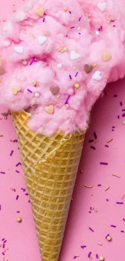 Pink cotton candy cone with sprinkles on a pink background.