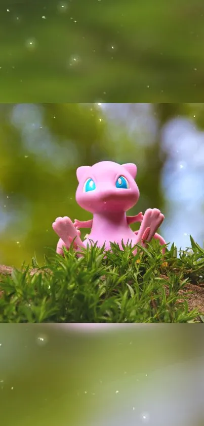 Pink creature on green grass with blurred nature background.