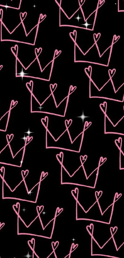 Mobile wallpaper with pink crowns on black background.