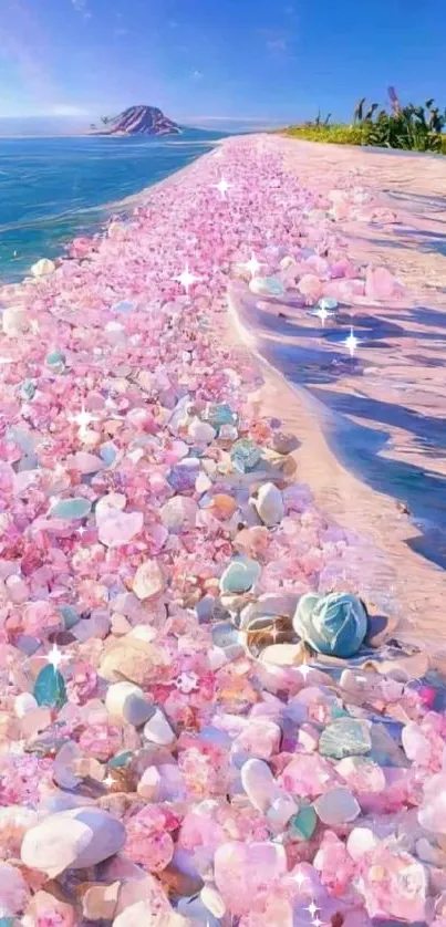 Pink crystal beach with ocean and horizon in stunning wallpaper.