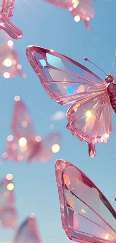Pink crystal butterflies gracefully flying in the blue sky.