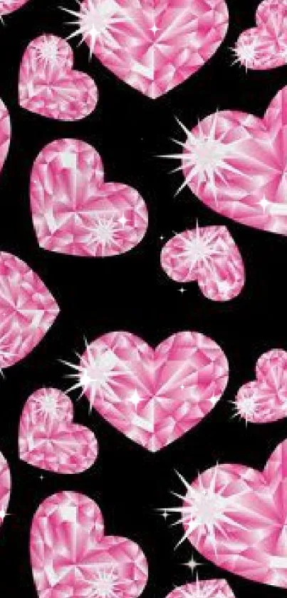 Pink crystal hearts on a black background wallpaper.