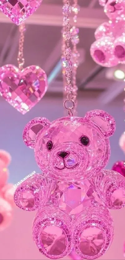 Sparkling pink crystal teddy bear with hearts on mobile wallpaper.