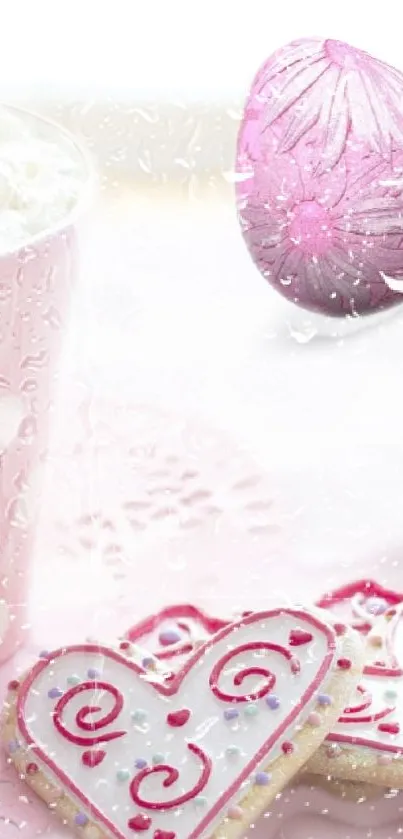 Pink themed wallpaper with cookies and cup.