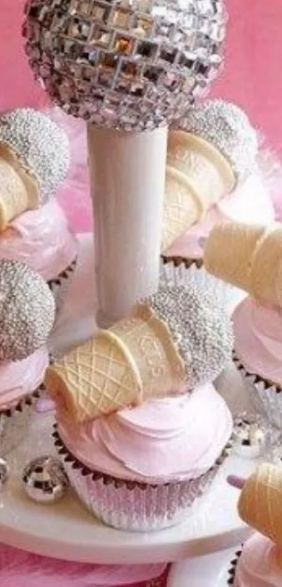 Pink cupcakes with cone and disco ball.