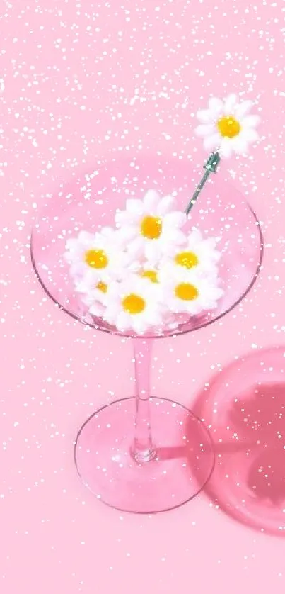 Aesthetic pink wallpaper featuring daisies in a glass, perfect for mobile screens.